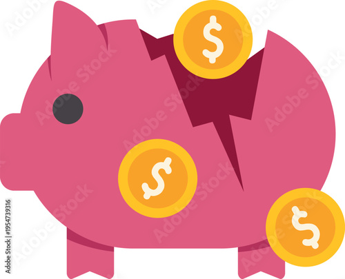 Illustration of a cracked pink piggy bank with golden dollar coins representing money loss