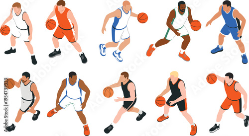 Basketball players, dribbling, sport, athletes, game, training, team, action, movement, fitness, ball, court, competition, active, skills, uniform, workout, illustration, isometric, set