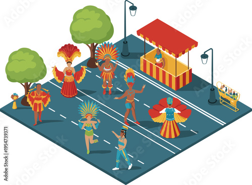 Brazilian carnival parade scene with dancers in costumes, street festival celebration, isometric people and market stall vector illustration colorful design