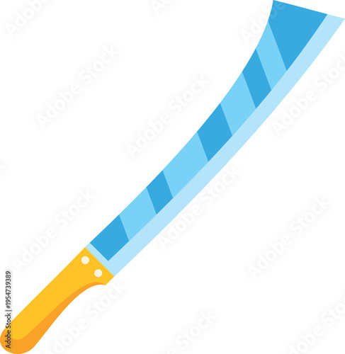 Stylized curved machete with a shiny blue blade and a yellow handle isolated on white