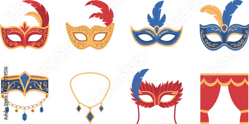 Carnival, masks, venetian, masquerade, colorful, decorative, feathers, accessories, festival, party, elegant, costume, luxury, design, collection, illustration, vector, ornate, celebration, set