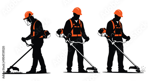 Vector illustration of a professional landscaper worker operating a string trimmer with safety gear.