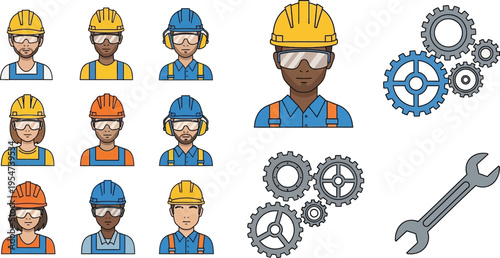A collection of diverse construction workers, industrial gears, and a wrench in a vector style