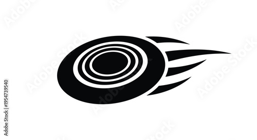 Black and white vector graphic illustration of a flying disc or frisbee with stylized motion trails