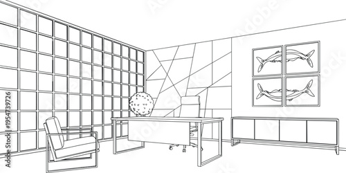Modern executive private office interior vector line art illustration featuring glass partition wall desk armchair and sideboard.