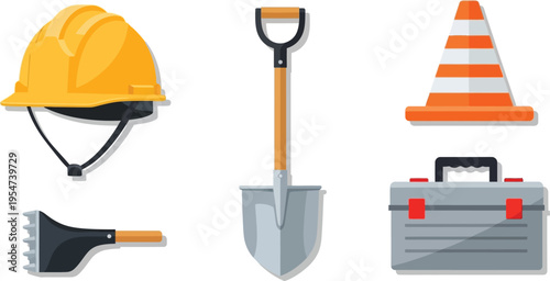 A collection of essential construction work equipment icons featuring tools and safety gear items