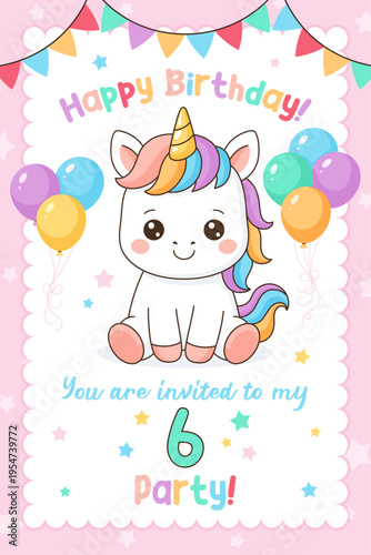 Unicorn cute illustration. Vector card design. Magical birthday party.

