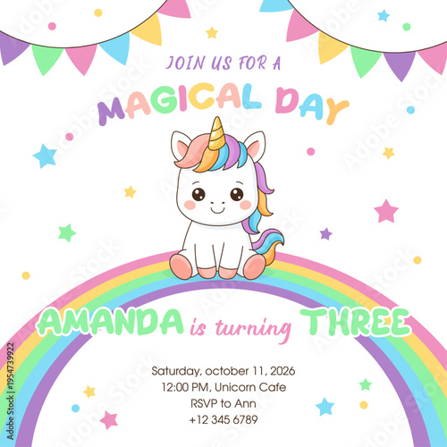 Unicorn cute illustration. Vector card design. Magical birthday party.

