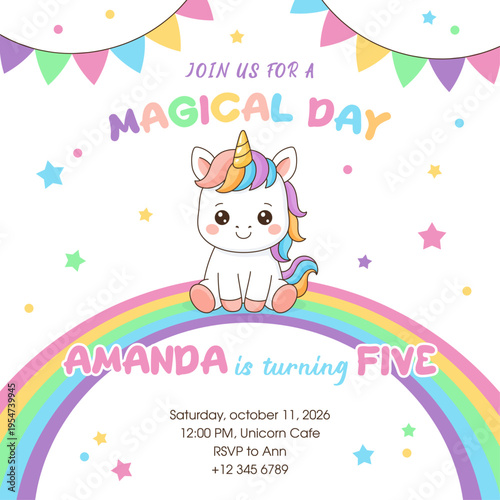 Unicorn cute illustration. Vector card design. Magical birthday party.
