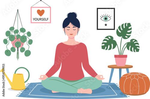 Young woman practicing yoga meditation in cozy home interior with houseplants monstera rug and self care decor