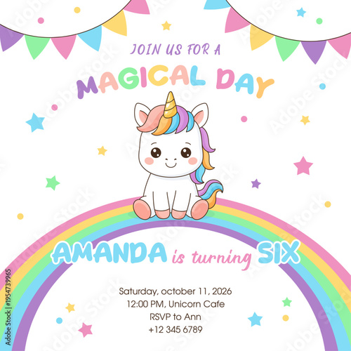 Unicorn cute illustration. Vector card design. Magical birthday party.
