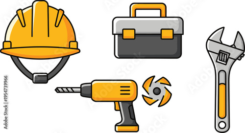A collection of yellow construction equipment icons including a hard hat tool box drill and wrench