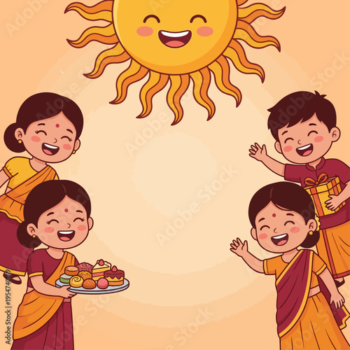 Happy Sinhala and Tamil New Year Celebration with Family, Sweets, and Sun Illustration