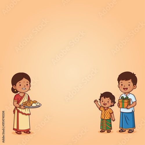 Cartoon Family Celebrating Sinhala and Tamil New Year with Traditional Food and Gifts