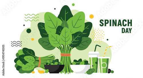 Spinach day vibrant illustration with fresh vegetables and drinks