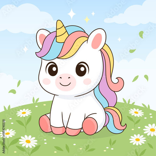 Cute unicorn surrounded by flowers in garden. Vector illustration in flat cartoon style.

