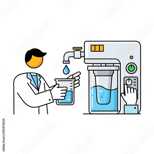 Technician operating water purification or filtration machine.