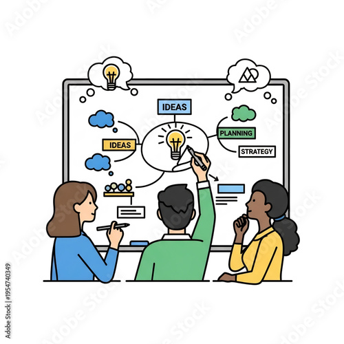 Team brainstorming ideas on board during creative meeting.