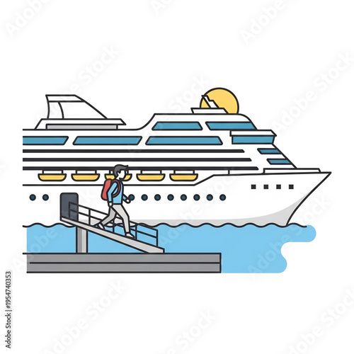 Passenger boarding large cruise ship at harbor dock.
