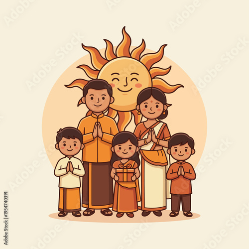 Happy Sinhala and Tamil New Year Family Greeting Illustration with Traditional Attire and Smiling Sun