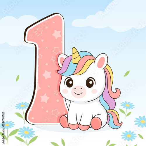 Unicorn cute illustration. Vector card design. Magical birthday party.