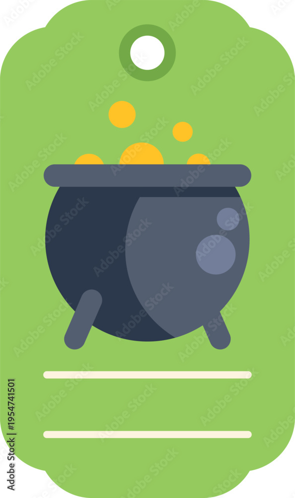Obraz premium Vector illustration of a steaming black cauldron label on a vibrant green background