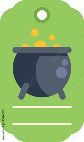 Vector illustration of a steaming black cauldron label on a vibrant green background
