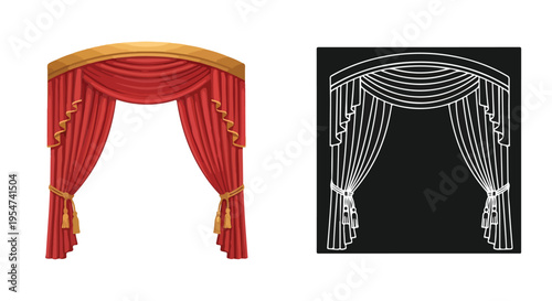 Graphic illustration of red and white theater curtains with gold accents on a plain white background.