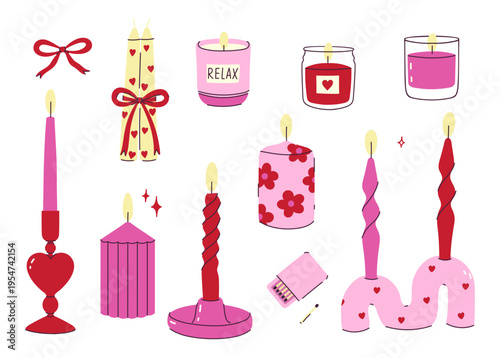 A set of cute pink and red candles. Vector graphics.