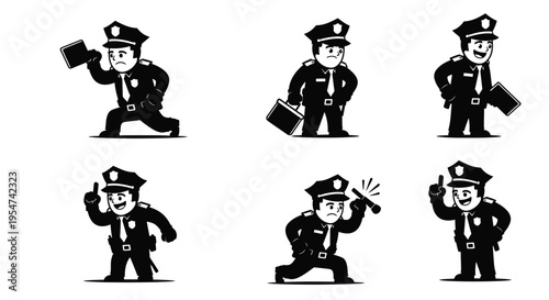 Cartoon police officers in various poses with briefcases and gadgets vector illustration