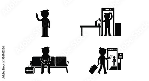 Silhouette of traveler with devil horns going through airport security and waiting