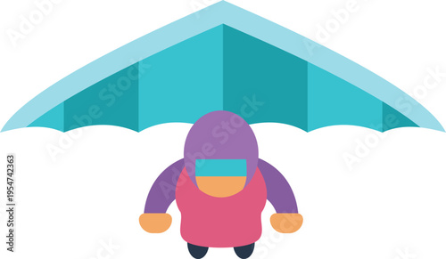 Minimalist vector design of a hang glider pilot illustrated in vibrant flat colors
