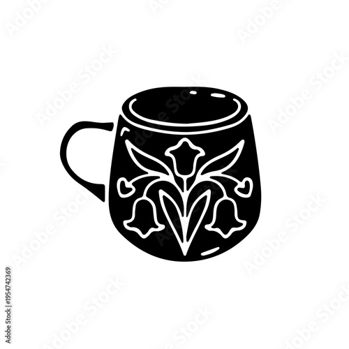 Hand drawn hygge rustic clay mug silhouette icon clipart vector illustration. Cozy home decor line art