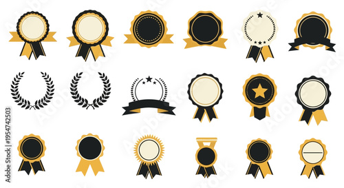 Collection of various award ribbons and laurel wreaths.