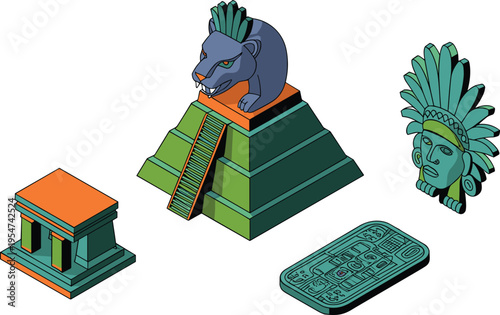 Isometric ancient Mayan artifacts illustration, pyramid temple with jaguar statue, cultural relics, Mesoamerican heritage objects, historical archaeology concept design set