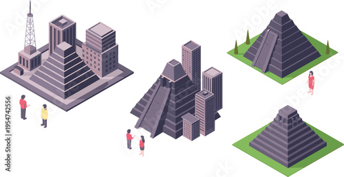 Isometric ancient pyramid landmarks with modern city buildings, historical architecture contrast, tourism concept, people exploring ruins, 3D vector illustration