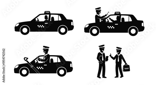 Black silhouettes of taxi drivers and cabs in various positions and actions on white background