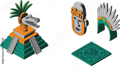 Isometric ancient Mesoamerican artifacts with pyramid, serpent sculpture, mask and feather headdress, cultural heritage, pre-Columbian civilization illustration concept