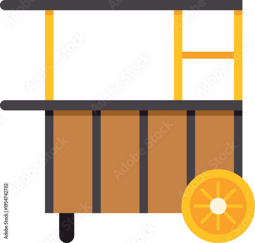 Simple flat style illustration of a wooden street food cart with yellow accents on white background