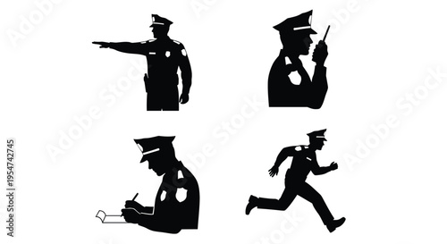 Police officers in various actions and poses vector graphic illustration set