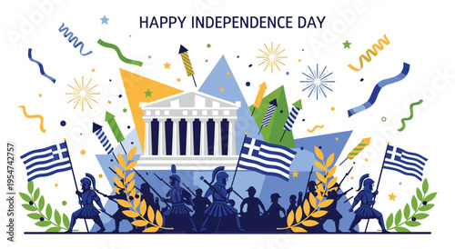 Happy greek independence day with soldiers and flags