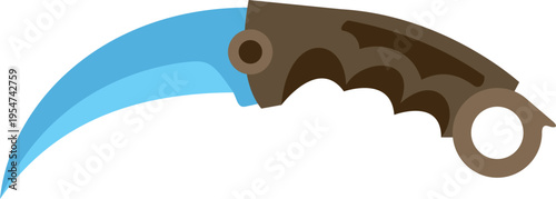 Stylized curved karambit knife with blue blade and brown handle on white background