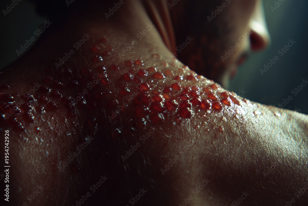 Fototapeta premium Shingles virus causes painful skin blisters on shoulder with red inflamed patches and irritation, showing close up of affected area in dramatic lighting