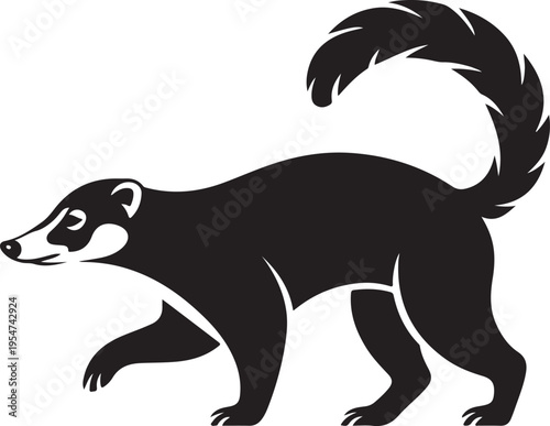 Coati Silhouette, Side View - Black and White Animal Illustration