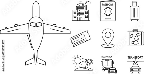 Travel Vacation and Air Transport Line Icons Set for Tourism and Booking