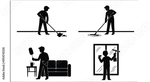 Silhouette of janitor performing various cleaning tasks with tools and equipment in a vector graphic illustration