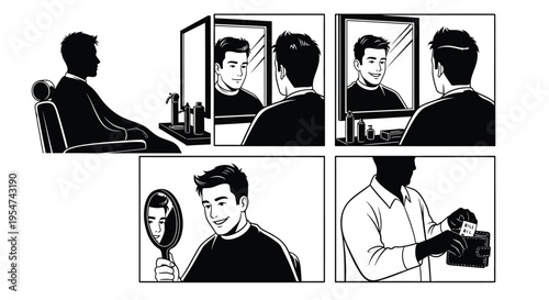 A man getting a haircut at a salon and paying the bill