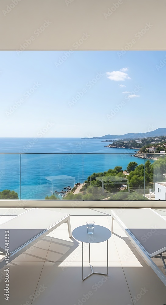 Obraz premium Modern balcony with sun loungers overlooking the Mediterranean sea