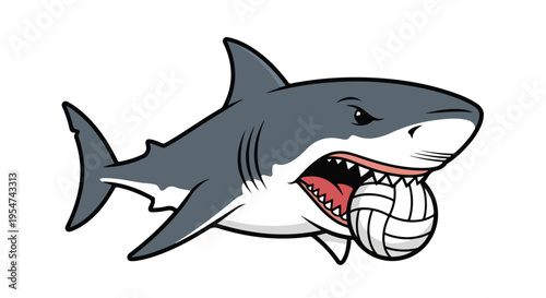 Cartoon shark holding a volleyball in its open mouth against a plain white background with a playful and humorous mood.