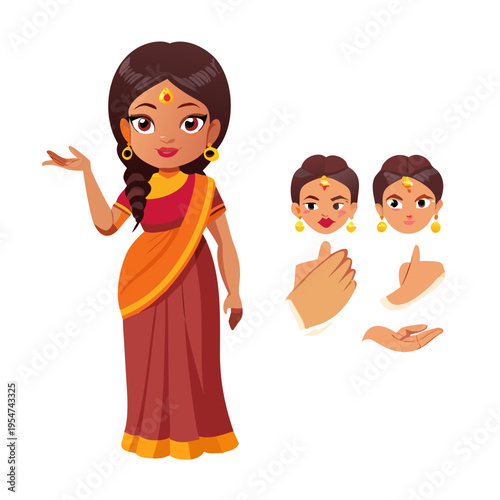 An Indian Woman Character Constructor. Indian Woman creation Set. Indian Woman Character Model Sheet with Lip Sync, Hand Gestures, and Saree Outfit | 2D Animation Design. Indian Woman in Saree. See Le